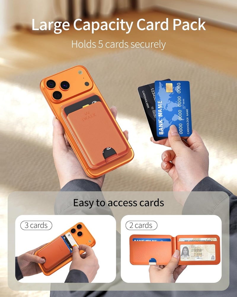 iWalk Stronger Magnetic Wallet, Upgraded for MagSafe Wallet, RFID Blocking, 5 Card Holder with Adjustable Stand, Slim Leather Phone Wallets for iPhone 17/16/15/14/13/12 Series, iPhone Wallets Orange - Image 3